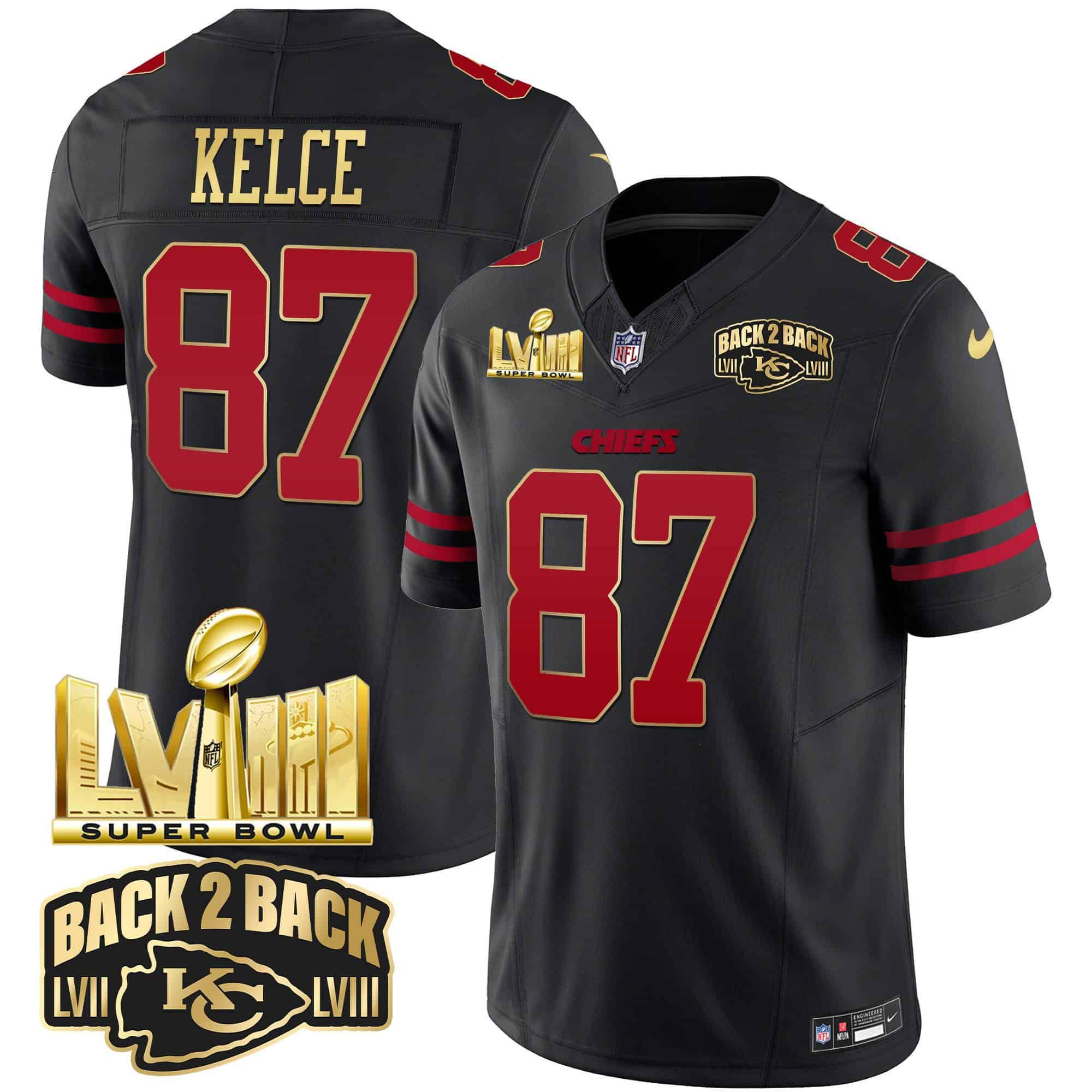 Men Kansas City Chiefs #87 Kelce Black 2024 Nike Super Bowl LVIII & Back-2-Back Gold Patch Vapor NFL Jersey style 1